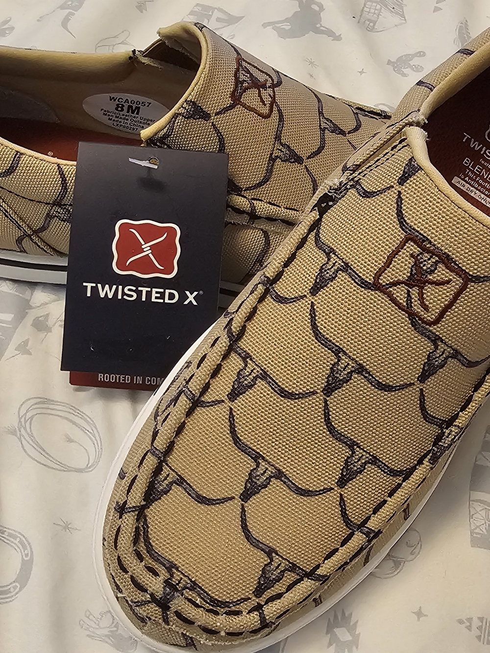 Twisted Tan Canvas Slip-on with Dark Brown Longhorn Print